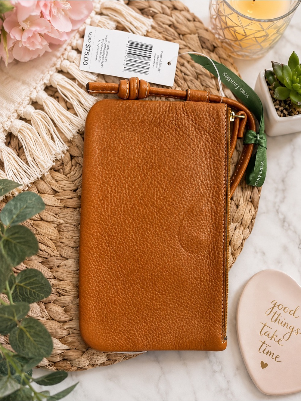Vera Bradley Knotted Wristlet Cognac Brown Pebbled Leather NWT